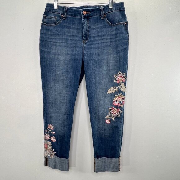 Chicos So Slimming Girlfriend Slim Leg Ankle Jeans 10R Embroidered Floral Blue - Picture 1 of 8